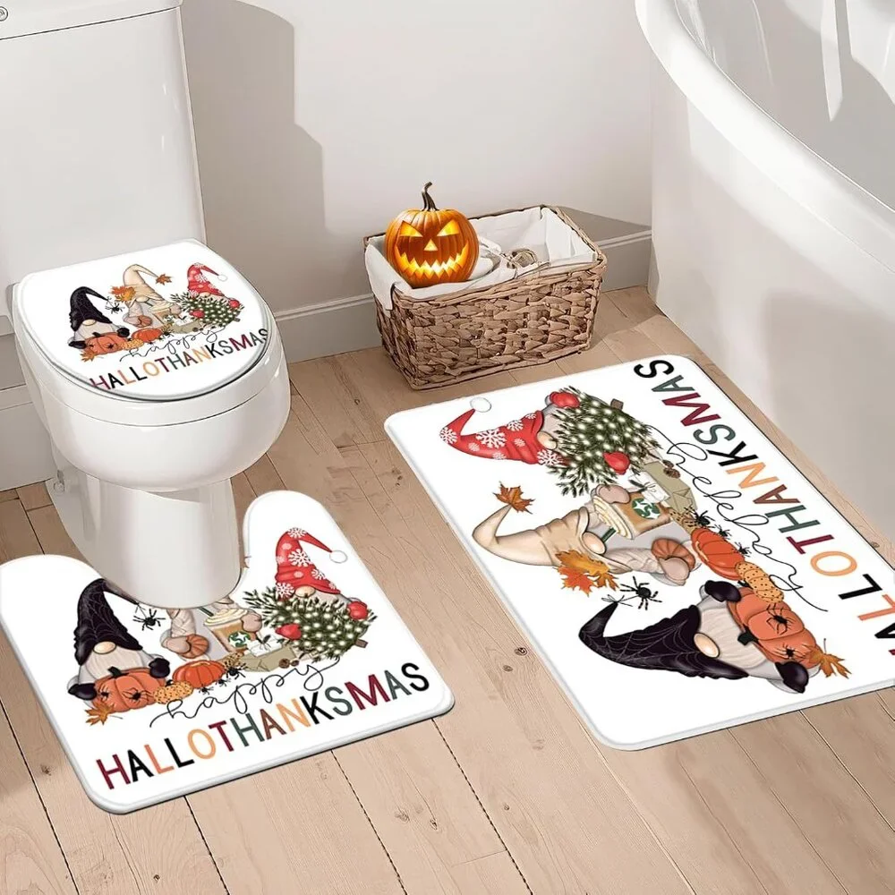 Eco-Friendly Halloween Gnome Shower Curtain Set with Non-Slip Rugs – 4Pcs